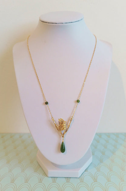 Designer 24ct Gold Vermeil Necklace, Hanae Mori, Vintage Jade Jewelry, Gold Art Nouveau Necklace, Luxury Wedding Necklace, Gold Butterfly..