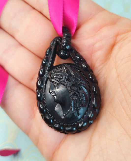Rare Antique Whitby Jet Pendant, Pocahontas, Commemorative Native American Indian, Victorian Mourning Jewellery, Hand Carved Whitby Jet...