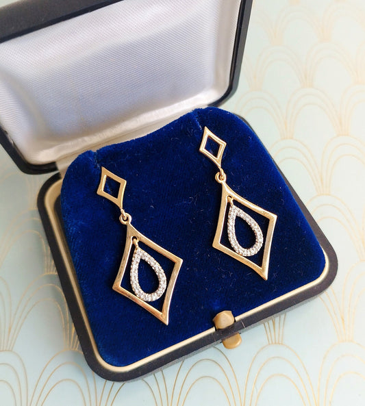 Vintage French Gold Dangle Drop Earrings, Crystal Sleeper Earrings, French Diamond Jewelry, Dormeuse Earrings, Romantic Gift for Her.