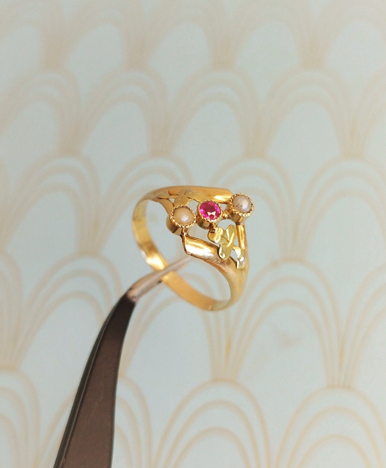 Antique French Toi et Moi Art Nouveau Ring, Original 18ct Gold Art Nouveau Jewelry, Antique Pearl and Ruby Ring, Lucky Charm Ring, Luxury Gift for Her
