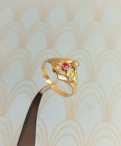 Antique French Toi et Moi Art Nouveau Ring, Original 18ct Gold Art Nouveau Jewelry, Antique Pearl and Ruby Ring, Lucky Charm Ring, Luxury Gift for Her