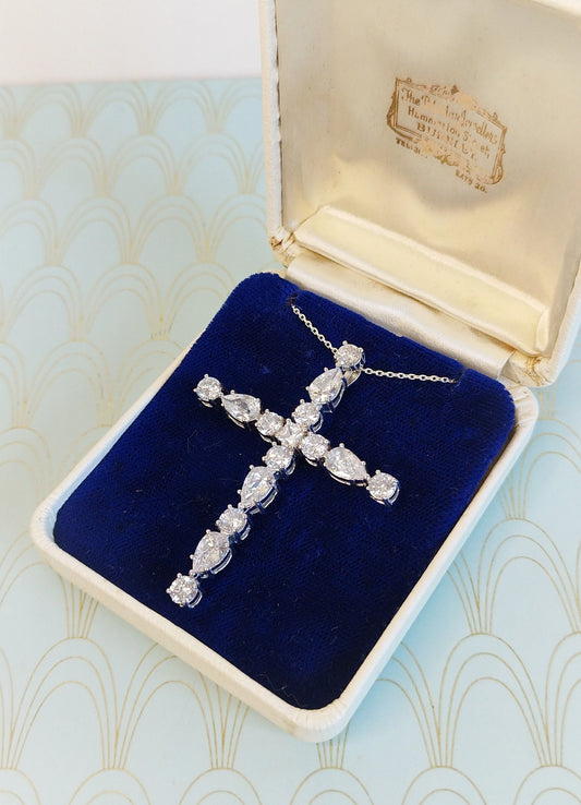 Luxury Vintage French Sterling Silver Crystal Crucifix Necklace, Antique Diamond Cross Pendant, French Bijoux Regional, Pear Cut Diamonds...