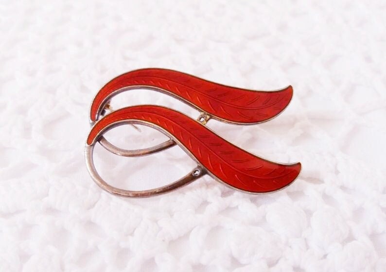 Luxury Vintage Red Enamel Sterling Silver Brooch, Norwegian Designer Silver Brooch, Silver Bow Jewellery, French Art Deco Jewelry...