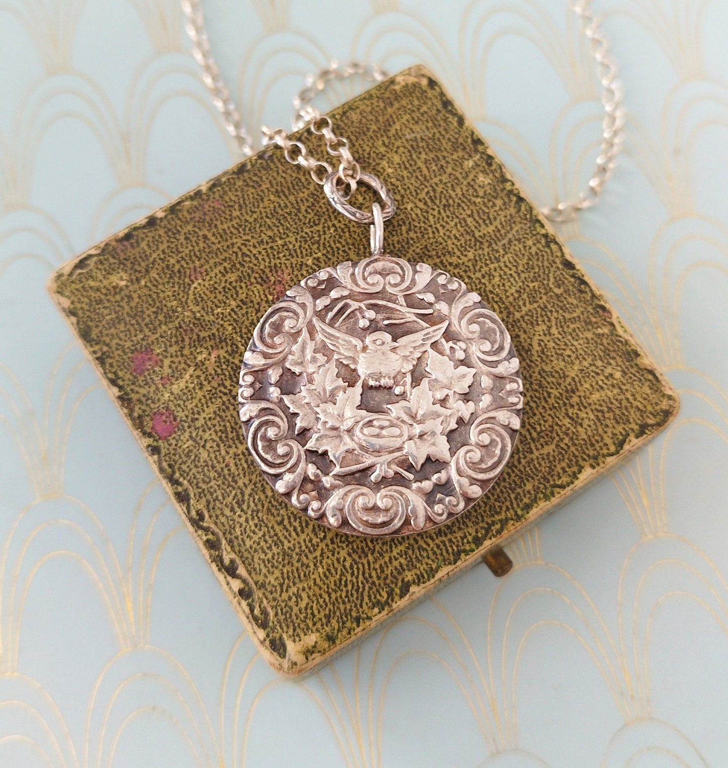 Luxury Antique French Art Nouveau Pendant, Art Nouveau Silver Necklace, Dove of Peace Pendant, Victorian Jewellery, Jewelry Box Gift for Her