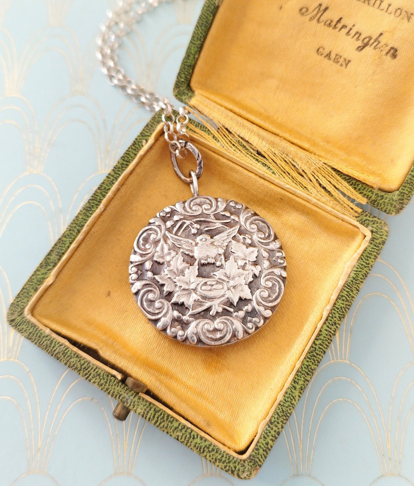 Luxury Antique French Art Nouveau Pendant, Art Nouveau Silver Necklace, Dove of Peace Pendant, Victorian Jewellery, Jewelry Box Gift for Her