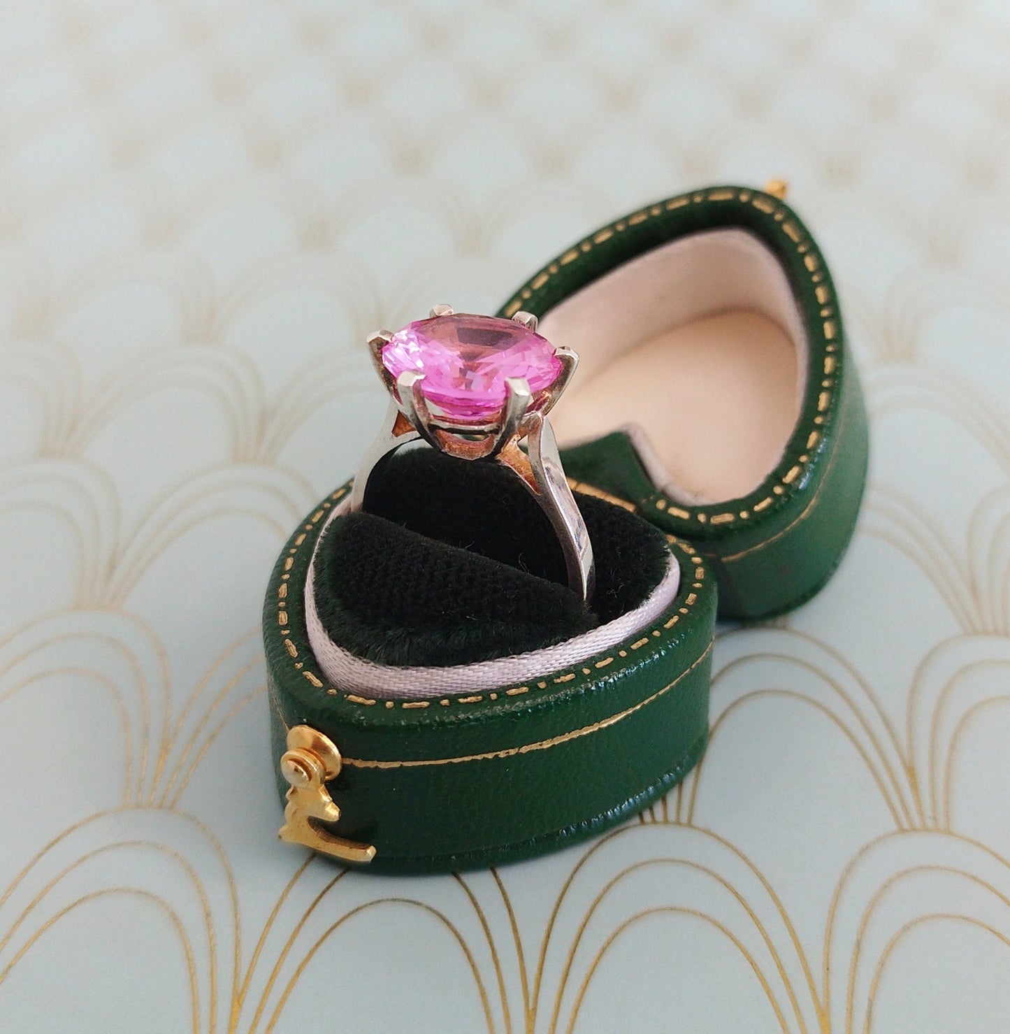 Luxury Vintage French Solitaire Ring, Pink Diamond Engagement Ring, Ruby Cocktail ring, Pink Sapphire Ring, Heart Shaped French Jewelry Box