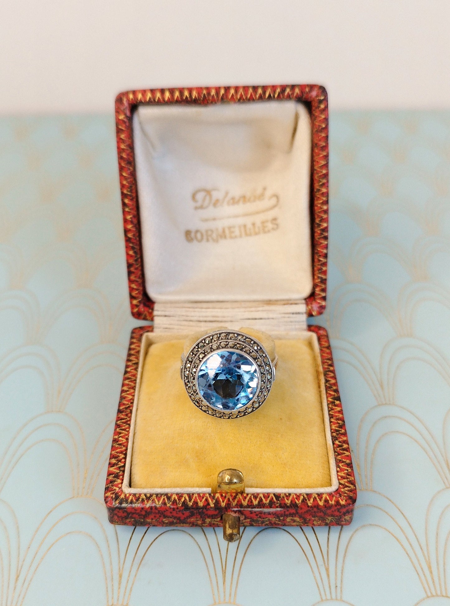 Luxury French Antique Art Deco Ring, Art Deco Aquamarine Engagement Ring, Aquamarine Cocktail ring, Vintage French Jewelry Box, Gift for Her