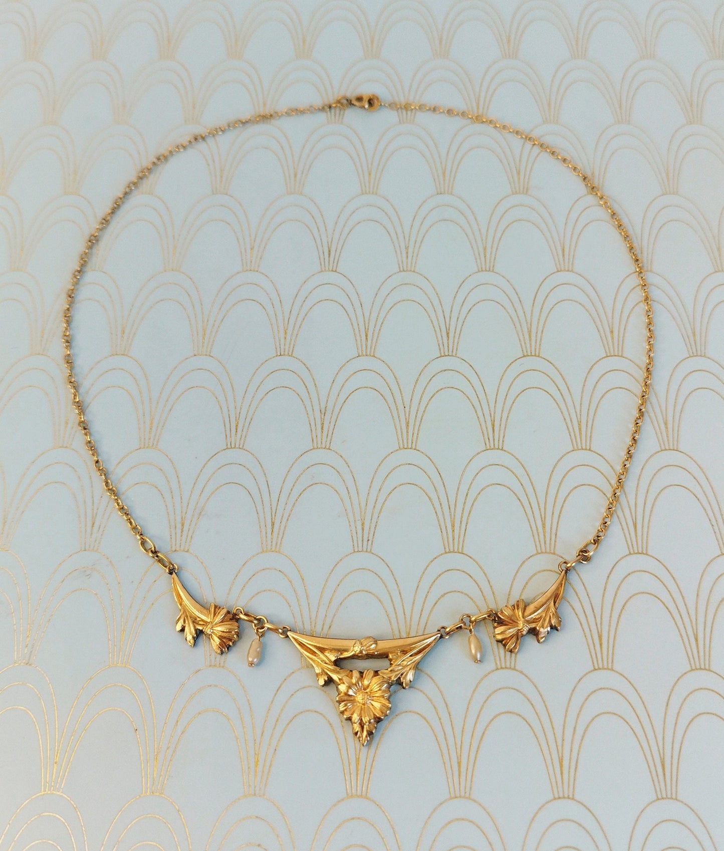 Luxury Antique French Art Nouveau Necklace, 1800's Art Nouveau Jewelry, Gold Pearl Negligee Necklace, Floral Wedding Necklace, Gift for Her