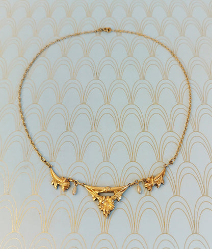 Luxury Antique French Art Nouveau Necklace, 1800's Art Nouveau Jewelry, Gold Pearl Negligee Necklace, Floral Wedding Necklace, Gift for Her