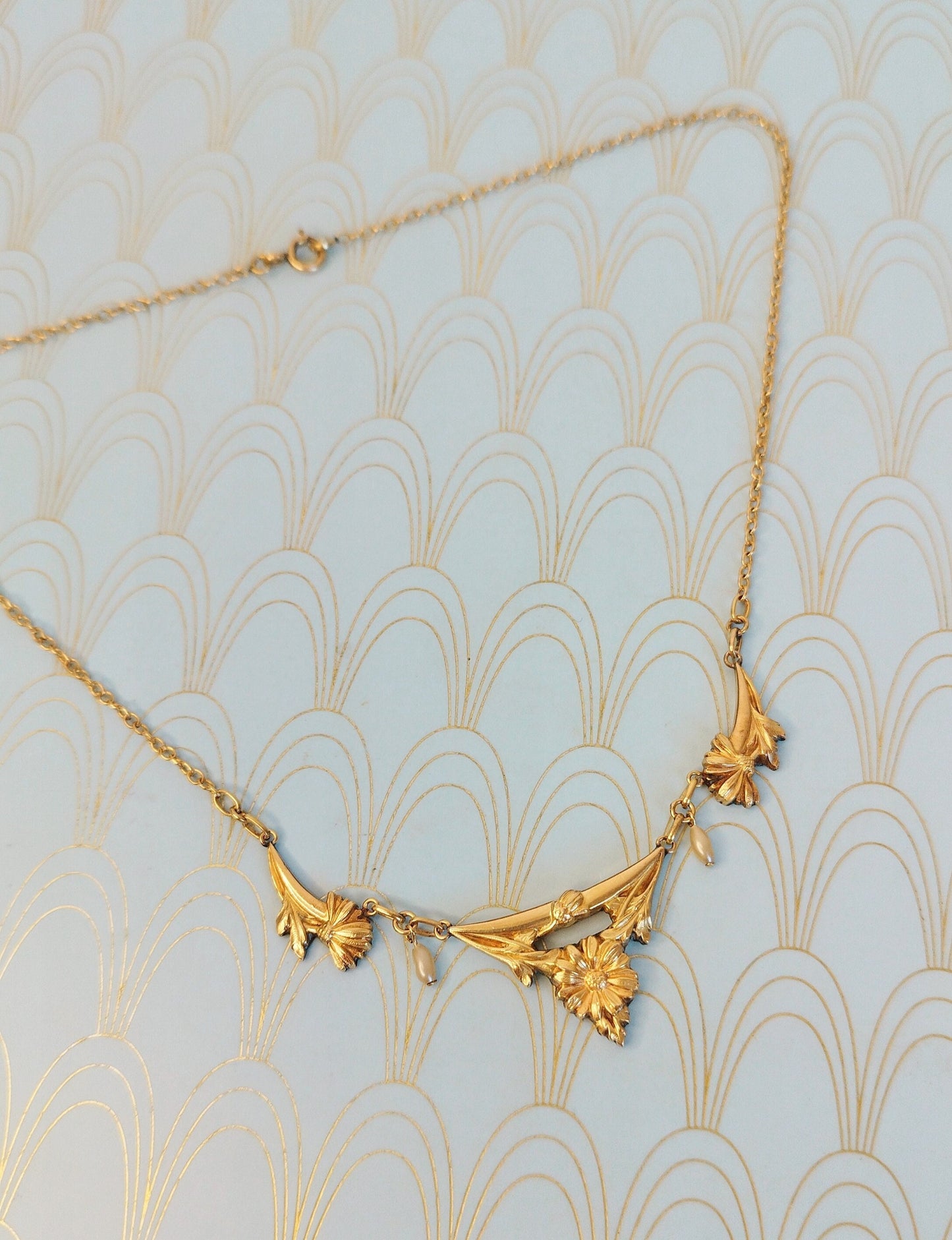 Luxury Antique French Art Nouveau Necklace, 1800's Art Nouveau Jewelry, Gold Pearl Negligee Necklace, Floral Wedding Necklace, Gift for Her