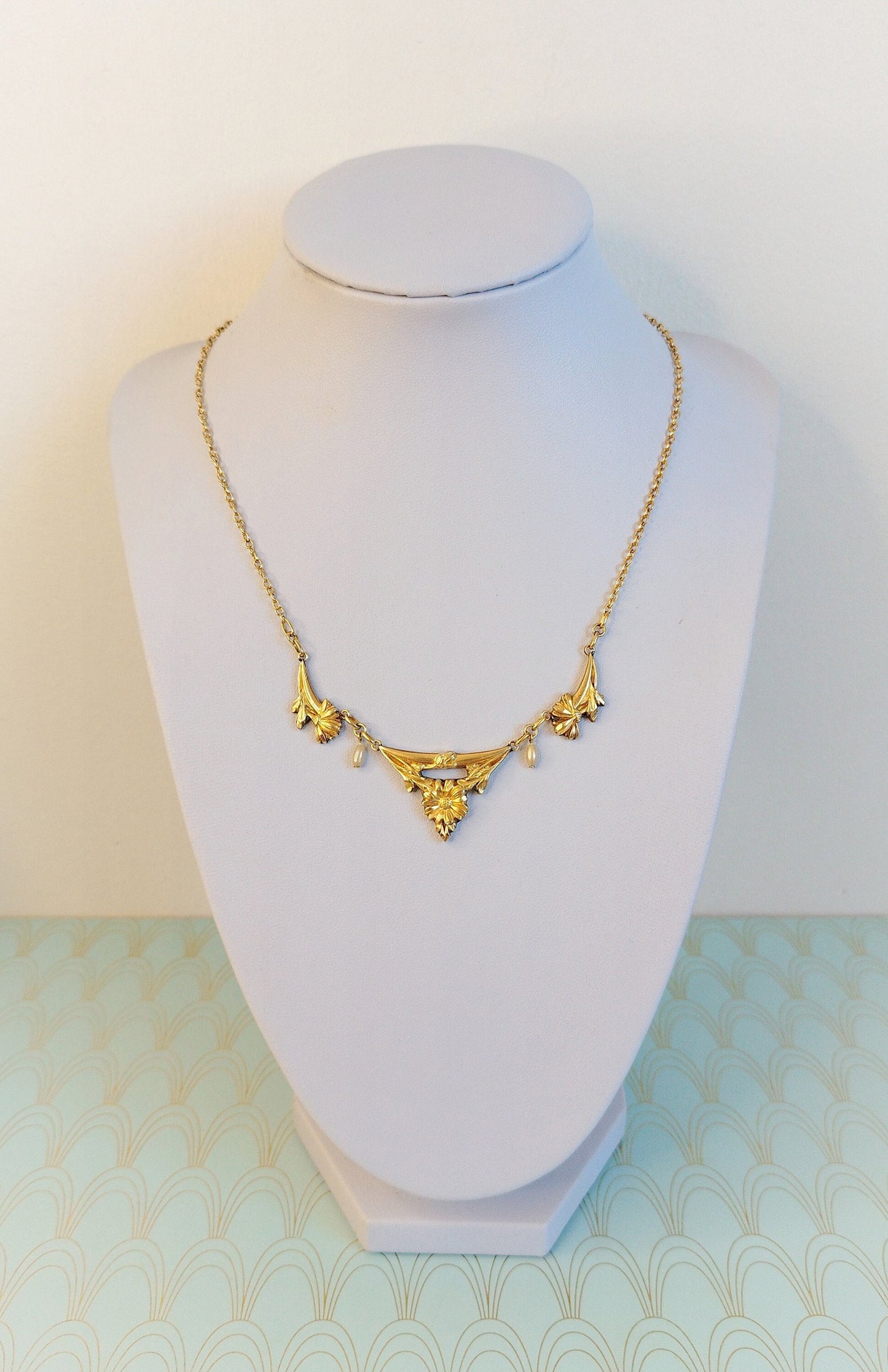 Luxury Antique French Art Nouveau Necklace, 1800's Art Nouveau Jewelry, Gold Pearl Negligee Necklace, Floral Wedding Necklace, Gift for Her