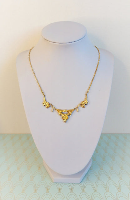Luxury Antique French Art Nouveau Necklace, 1800's Art Nouveau Jewelry, Gold Pearl Negligee Necklace, Floral Wedding Necklace, Gift for Her