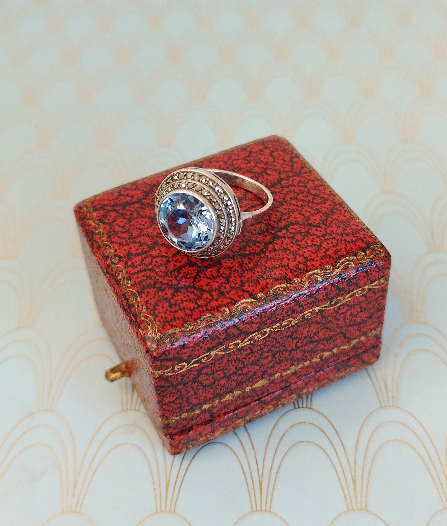 Luxury French Antique Art Deco Ring, Art Deco Aquamarine Engagement Ring, Aquamarine Cocktail ring, Vintage French Jewelry Box, Gift for Her