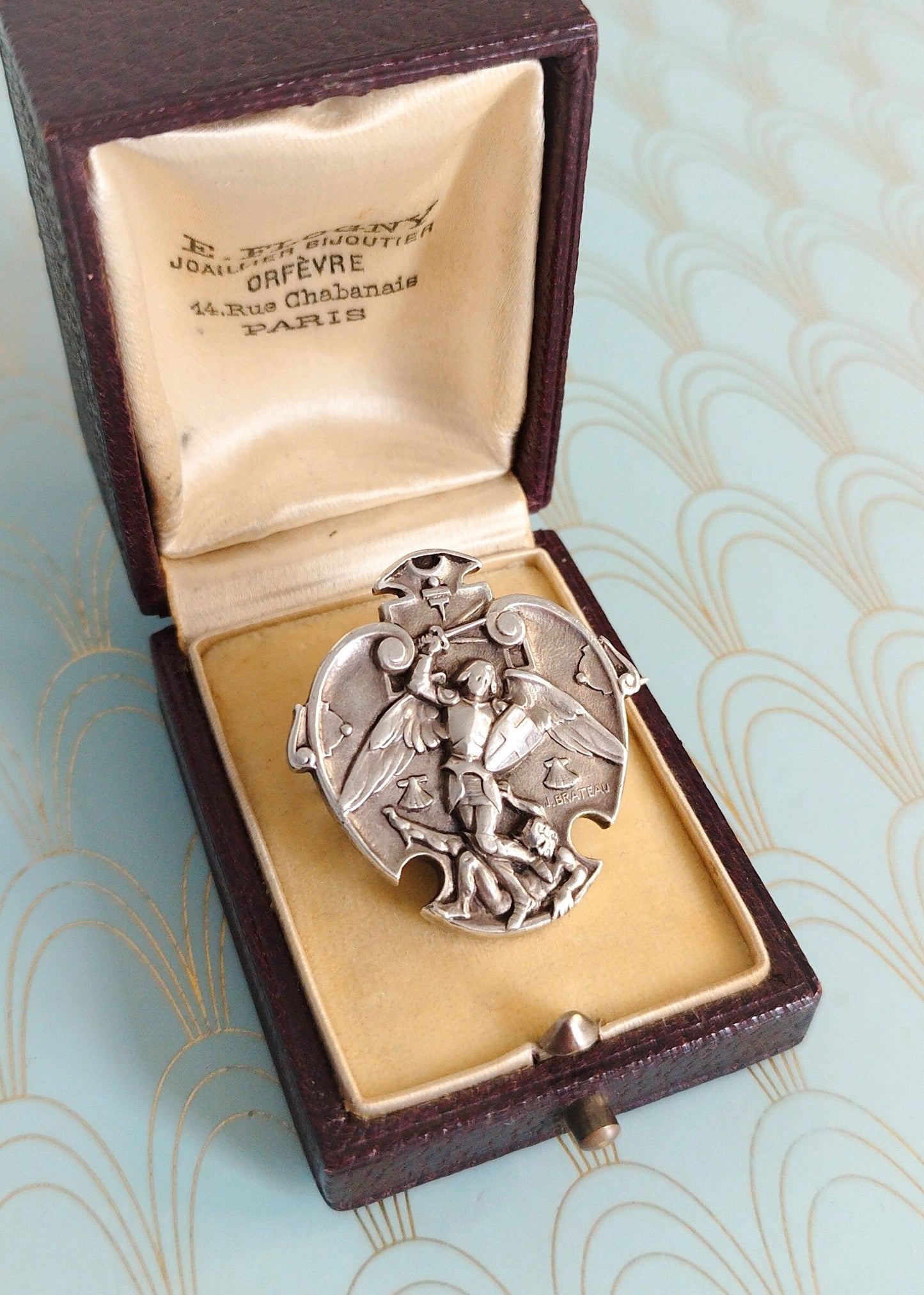 Rare Antique French Silver and Gold Joan of Arc Brooch, Luxury Art Nouveau Jewelry, Jeanne d'Arc Pendant, Jules Brateau, French Jewelry Box