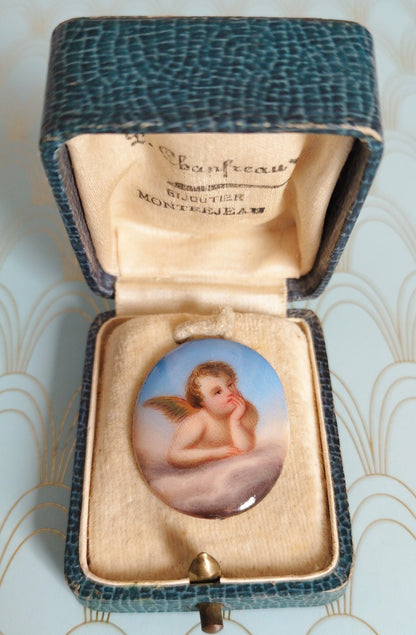 Antique French Hand Painted Cherub, Enamel Miniature, Reynolds Angels, Limoges Porcelain, 1800's Religious Devotion, Angel Jewelry, Christmas...