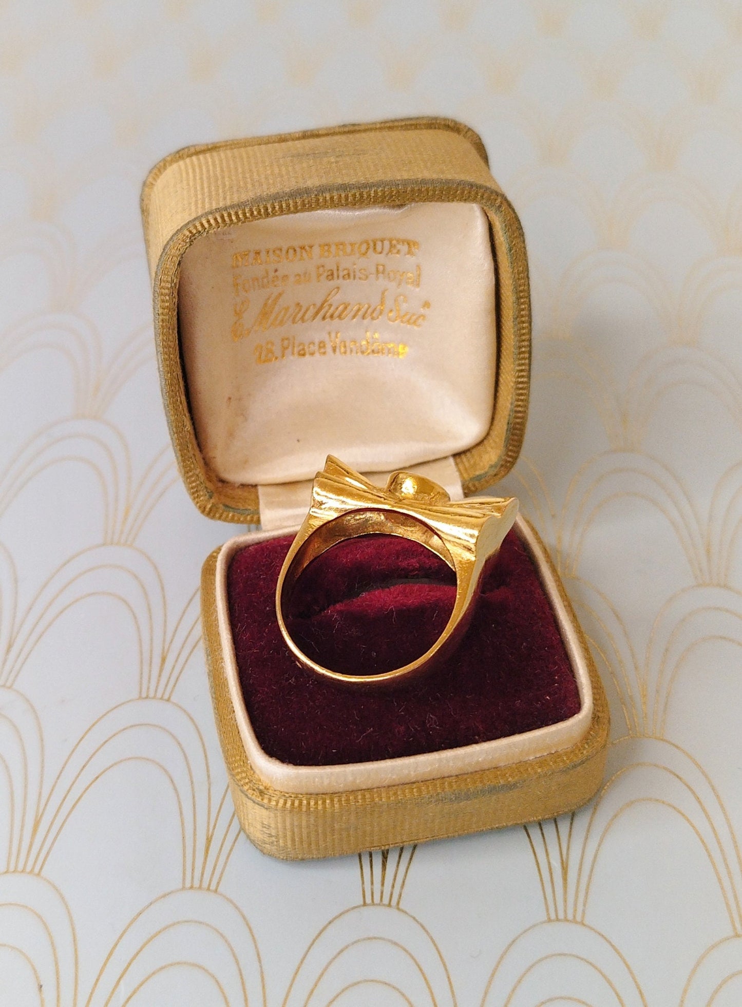 Vintage French Gold Ribbon Bow Ring, Gold Art Deco Tank Ring, Engagement Ring, Luxury Cocktail ring, Vintage Jewelry Box, Diamond Solitaire