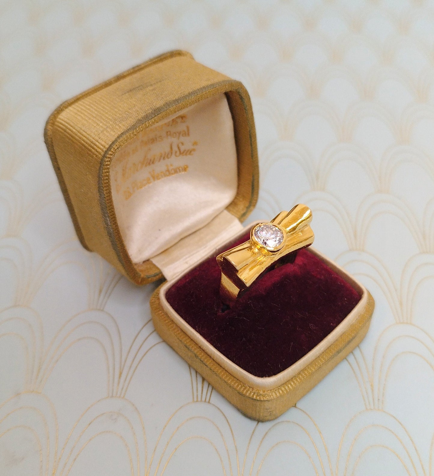 Vintage French Gold Ribbon Bow Ring, Gold Art Deco Tank Ring, Engagement Ring, Luxury Cocktail ring, Vintage Jewelry Box, Diamond Solitaire