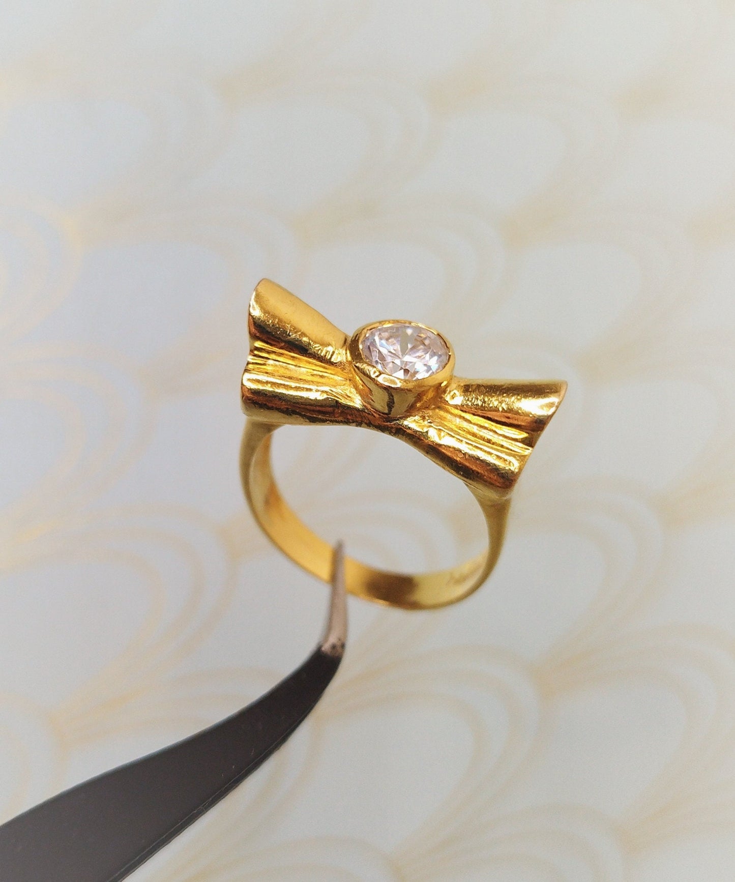 Vintage French Gold Ribbon Bow Ring, Gold Art Deco Tank Ring, Engagement Ring, Luxury Cocktail ring, Vintage Jewelry Box, Diamond Solitaire