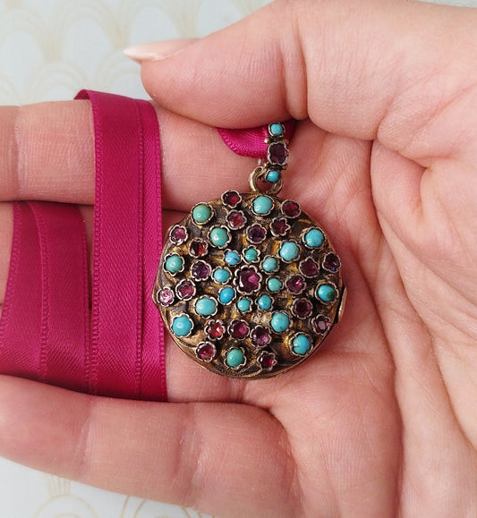 Rare Austrohungarian Antique Locket, Turquoise and Garnet Pendant, Double Sided Locket, Art Nouveau Jewelry, Luxury Victorian Jewellery...