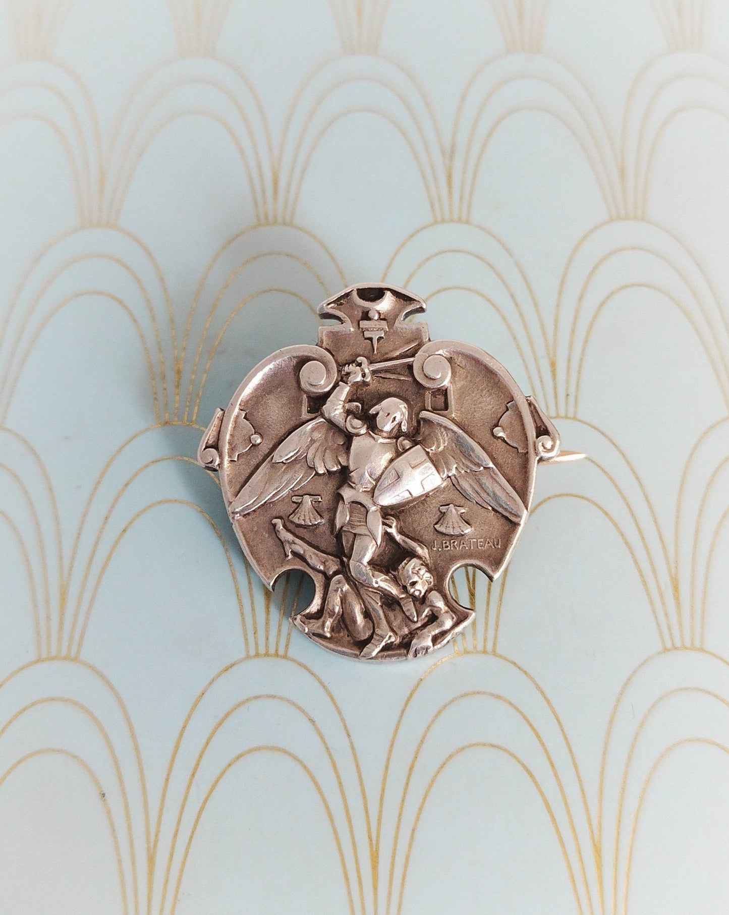 Rare Antique French Silver and Gold Joan of Arc Brooch, Luxury Art Nouveau Jewelry, Jeanne d'Arc Pendant, Jules Brateau, French Jewelry Box