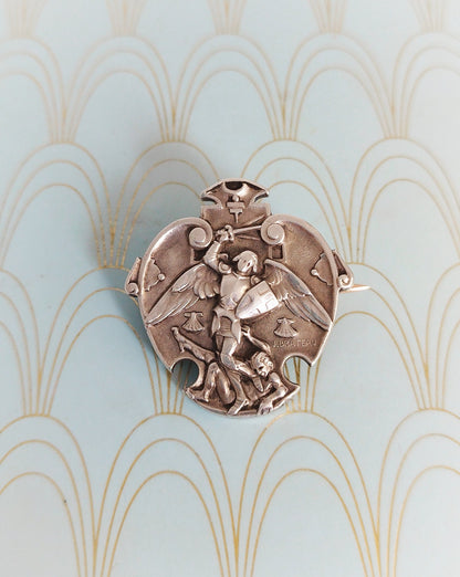 Rare Antique French Silver and Gold Joan of Arc Brooch, Luxury Art Nouveau Jewelry, Jeanne d'Arc Pendant, Jules Brateau, French Jewelry Box