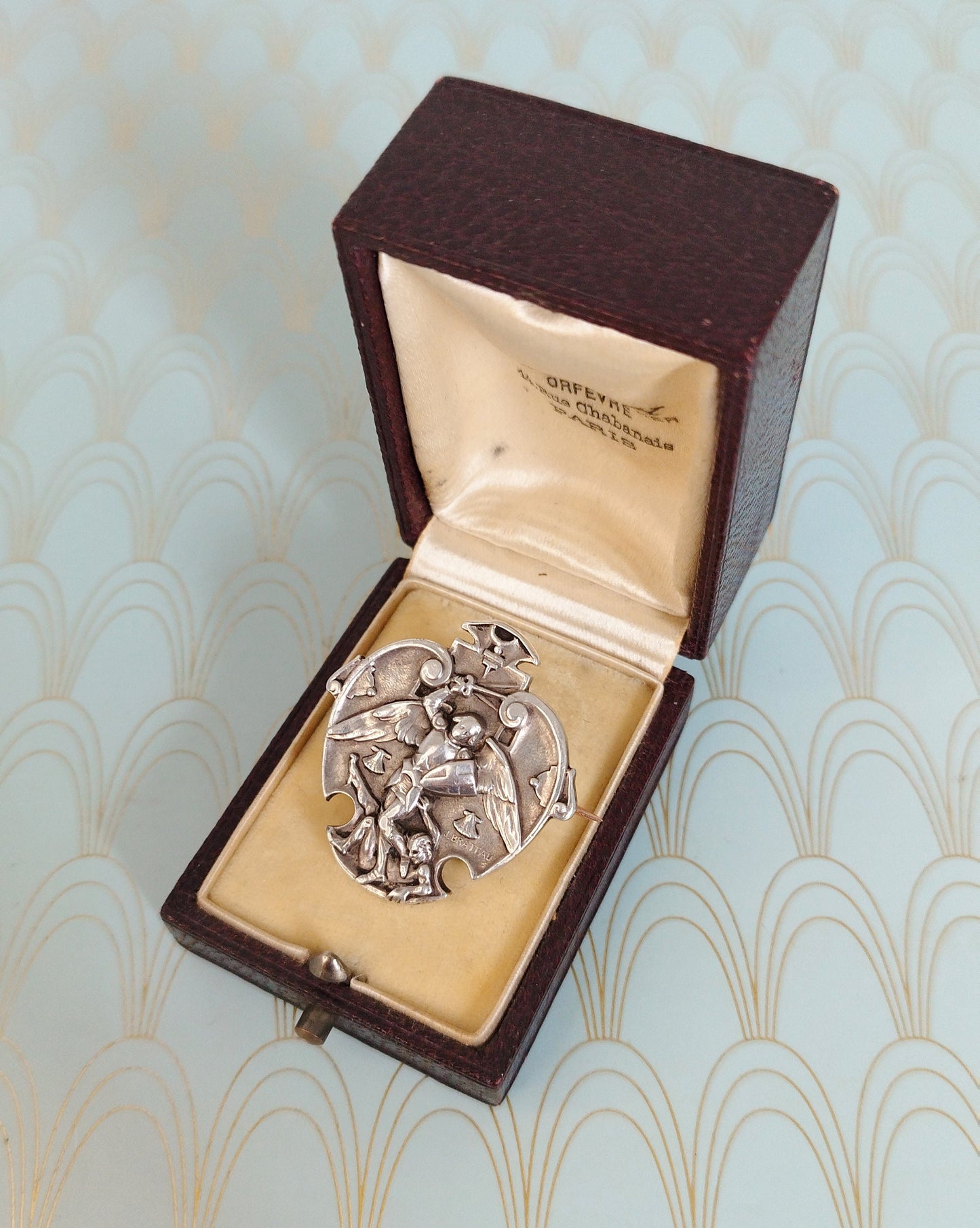 Rare Antique French Silver and Gold Joan of Arc Brooch, Luxury Art Nouveau Jewelry, Jeanne d'Arc Pendant, Jules Brateau, French Jewelry Box