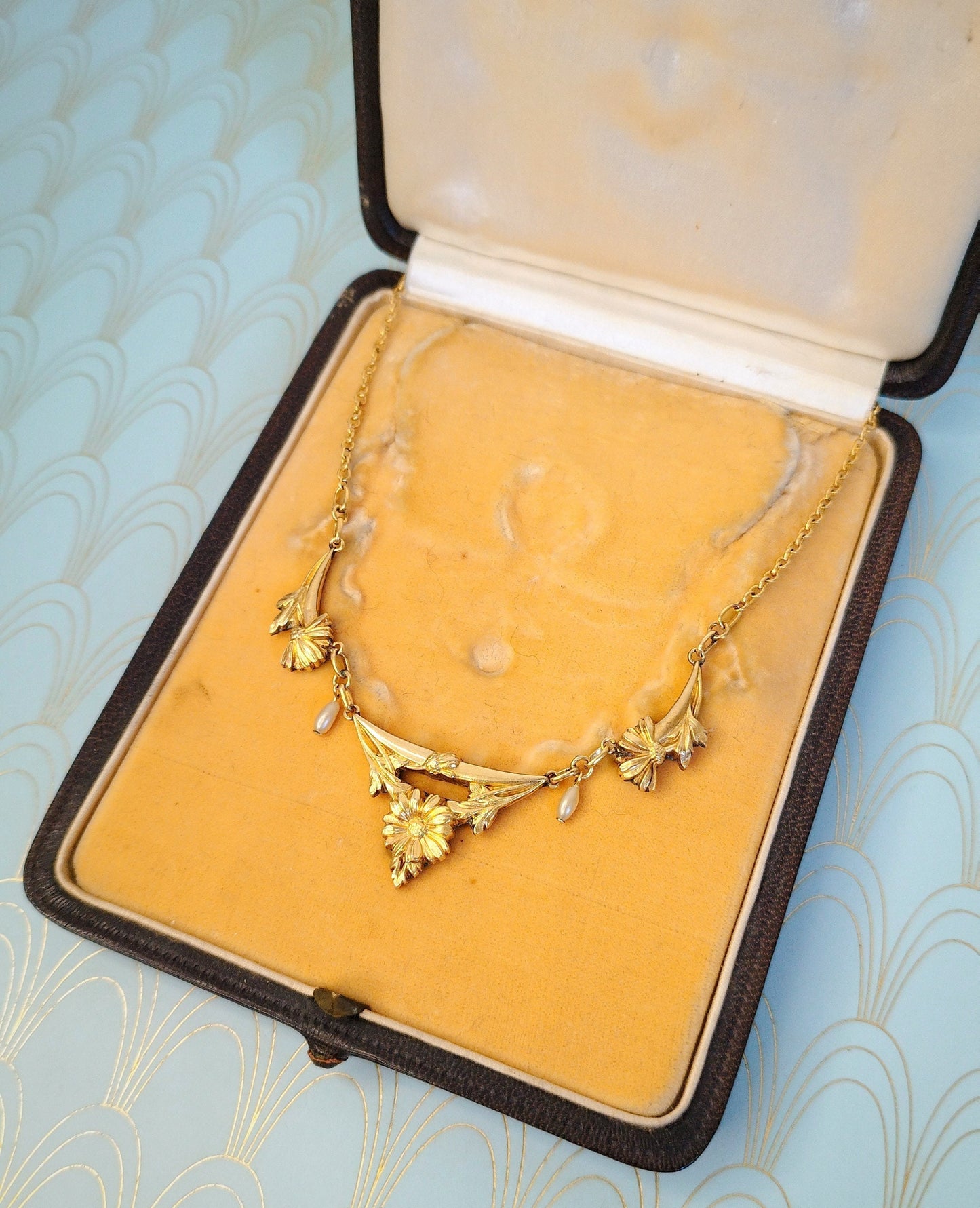 Luxury Antique French Art Nouveau Necklace, 1800's Art Nouveau Jewelry, Gold Pearl Negligee Necklace, Floral Wedding Necklace, Gift for Her