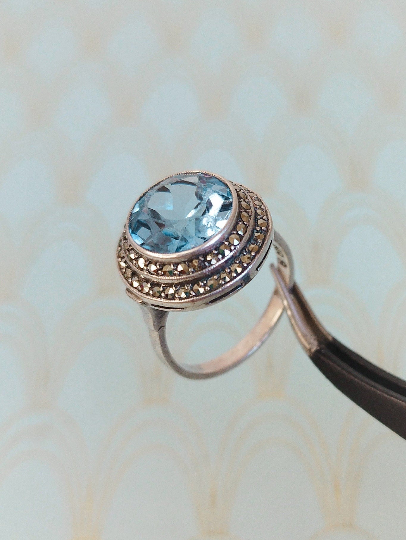 Luxury French Antique Art Deco Ring, Art Deco Aquamarine Engagement Ring, Aquamarine Cocktail ring, Vintage French Jewelry Box, Gift for Her