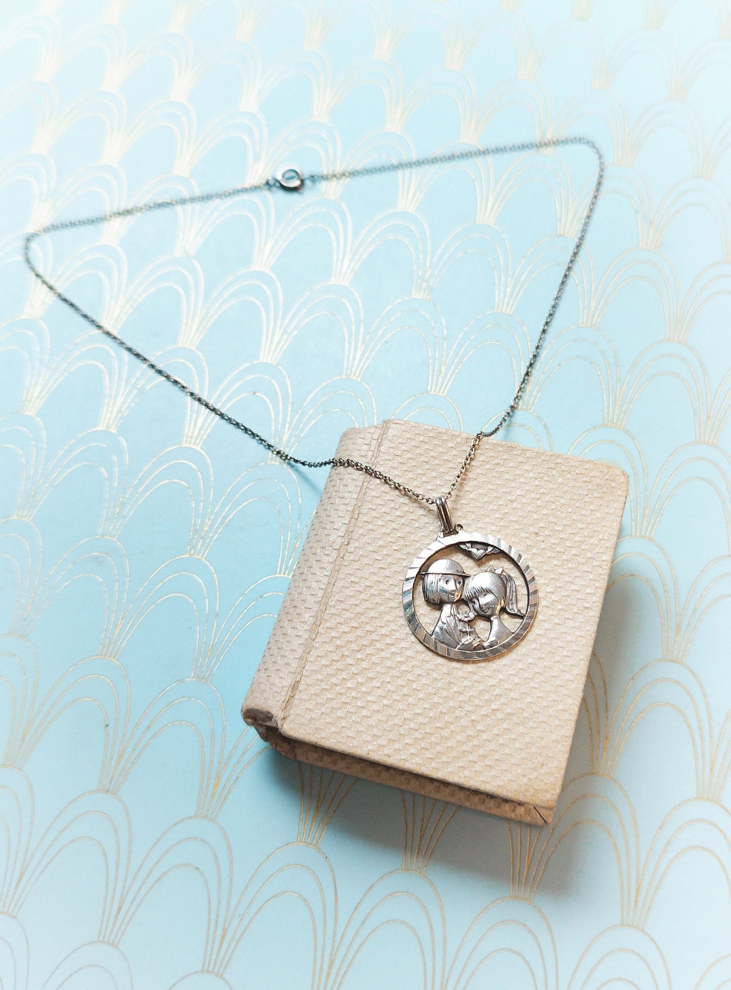Les Amoureux de Peynet, Vintage French Lovers Pendant, Heart Shaped Necklace, French Love Token, Antique French Necklace Luxury Gift for her