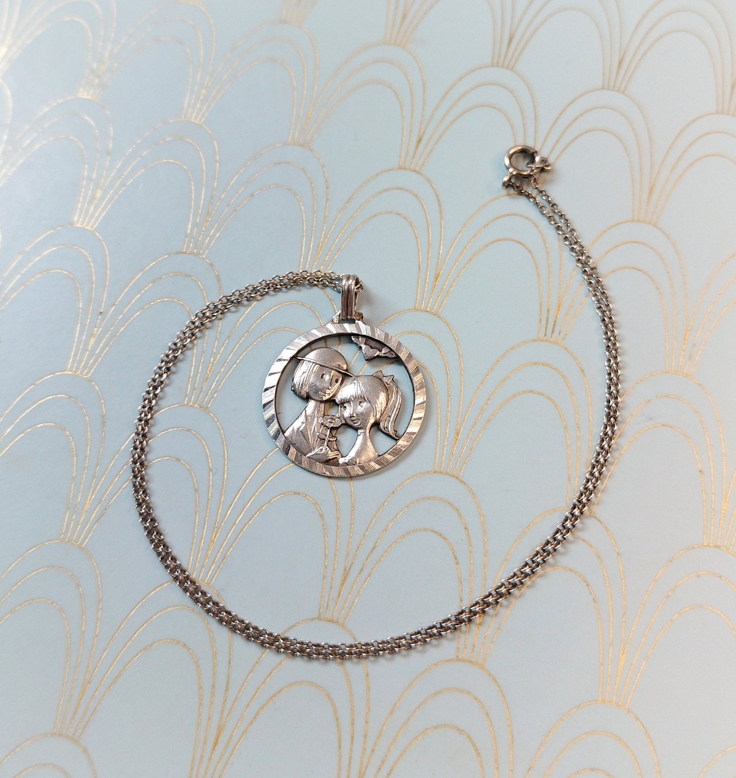 Les Amoureux de Peynet, Vintage French Lovers Pendant, Heart Shaped Necklace, French Love Token, Antique French Necklace Luxury Gift for her