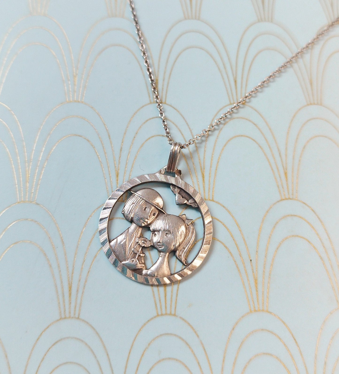 Les Amoureux de Peynet, Vintage French Lovers Pendant, Heart Shaped Necklace, French Love Token, Antique French Necklace Luxury Gift for her