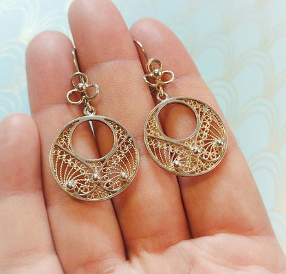 Vintage French Dangle Drop Filigree Earrings, Silver Gypsy Earrings, French Filigree Jewelry, Dormeuse Earrings, French Jewelry Box Gift...