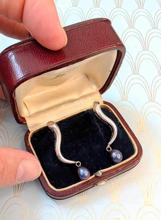 Vintage French Dangle Drop Pearl Earrings, Sterling Silver Dormeuse Earrings, French Pearl Jewelry, Swirl Earrings, Romantic Gift for Her...