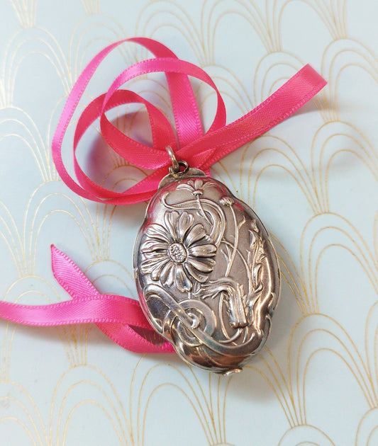 Luxury Vintage French Art Nouveau Pendant, Large Antique Silver Locket, Victorian Jewellery, Art Nouveau Necklace, Floral Mirror Pendant...